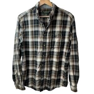 Eddie Bauer Brown Cream Navy Plaid Button Down Shirt Men’s Large